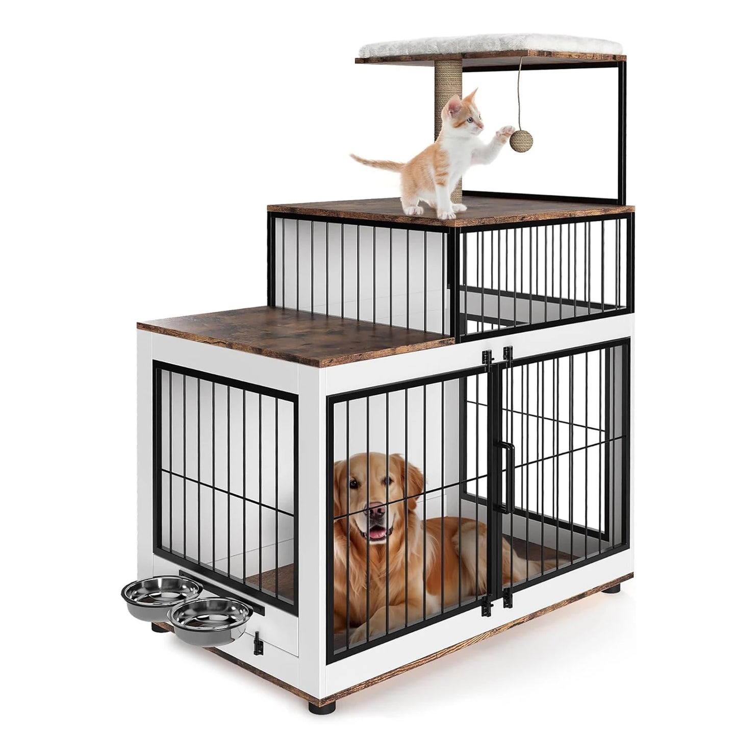 HiMISS Multifunctional Dog Crate With Cat Tower And Shelving