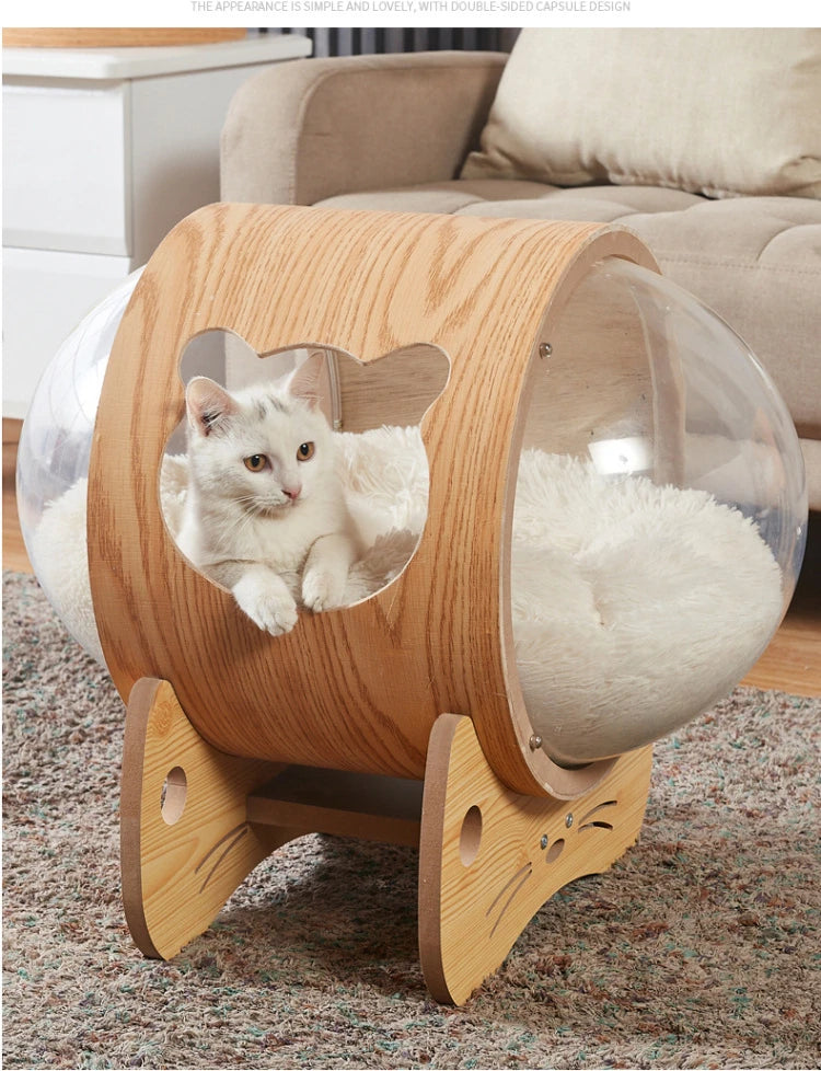 Smvp Cat Space Transparent Capsule Nest Bed For Climbing Cats Wooden