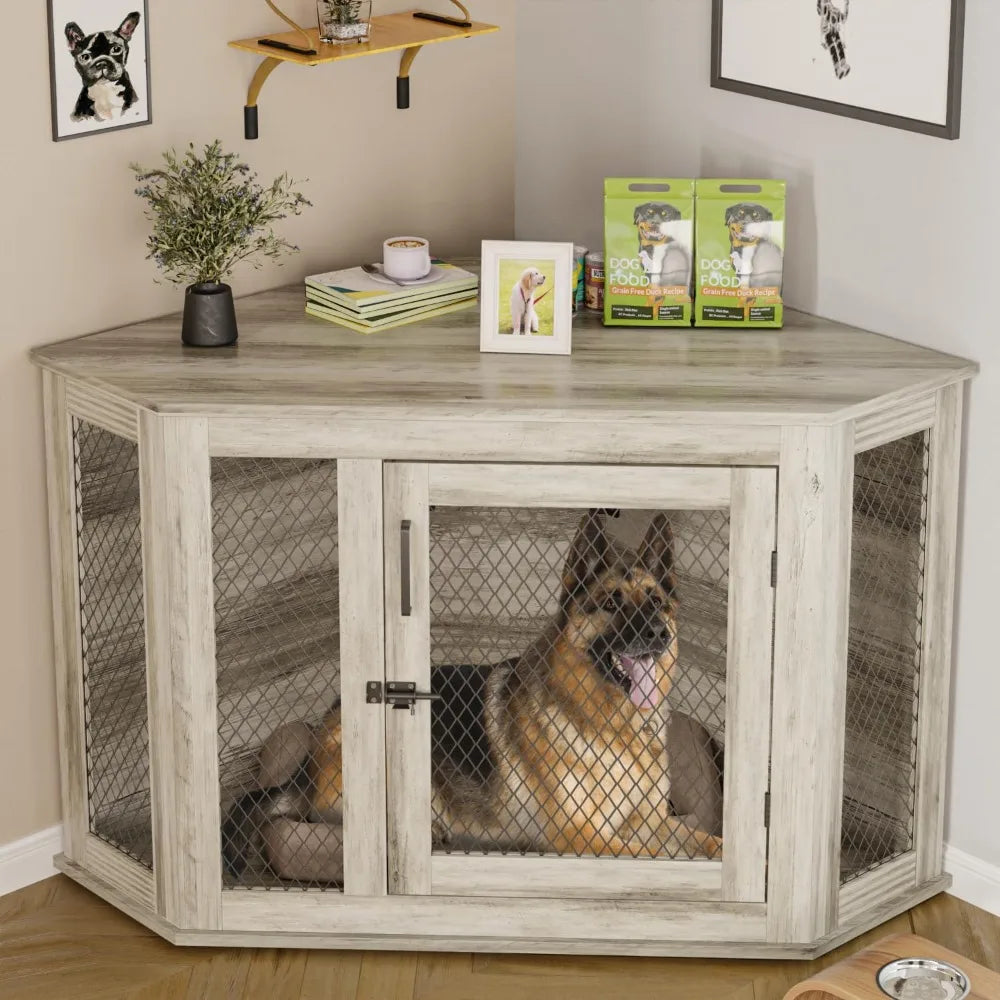 MKDK Corner Dog Crate Furniture Wooden Kennel With Mesh