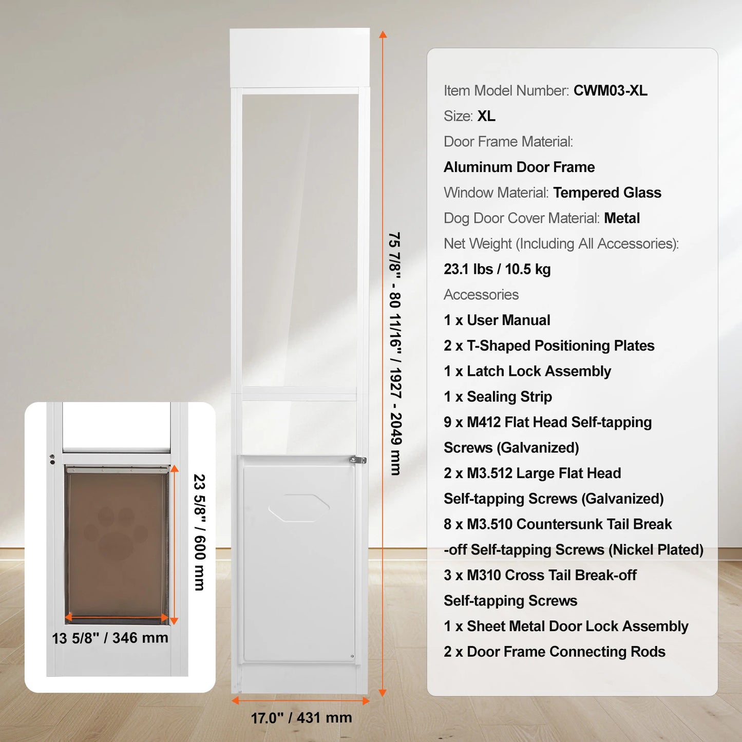 SucceBuy Sliding Glass Dog Door With Adjustable Height Aluminum Frame