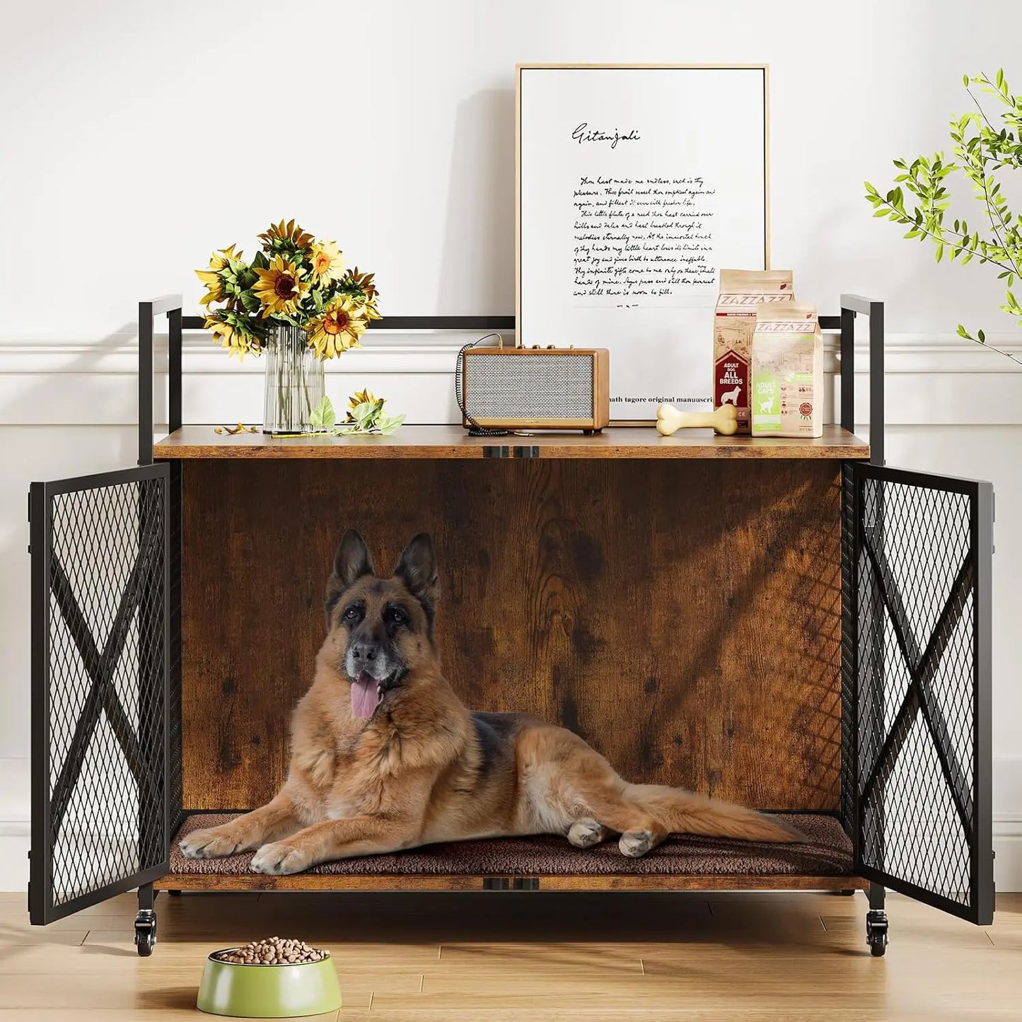 HiMISS Heavy Duty Dog Crate End Table With Lockable Wheels