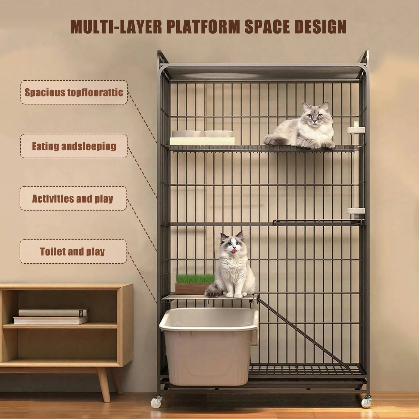 APWIKOGER 4 Tier Cat Playpen Collapsible Kennel With Wheels For Indoor Cats