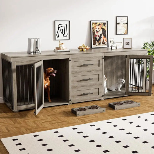 Engineered Wood Dog Crate With Storage And Four Bowls