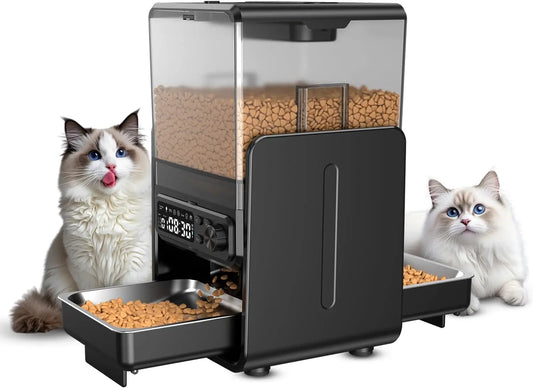 Automatic Cat Feeder For 2 Cats With Adjustable Dual Bowls