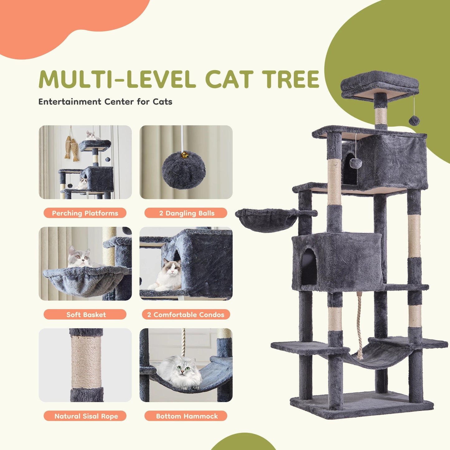 JHK Multi Level Cat Tree Tower With Condo Sisal Posts