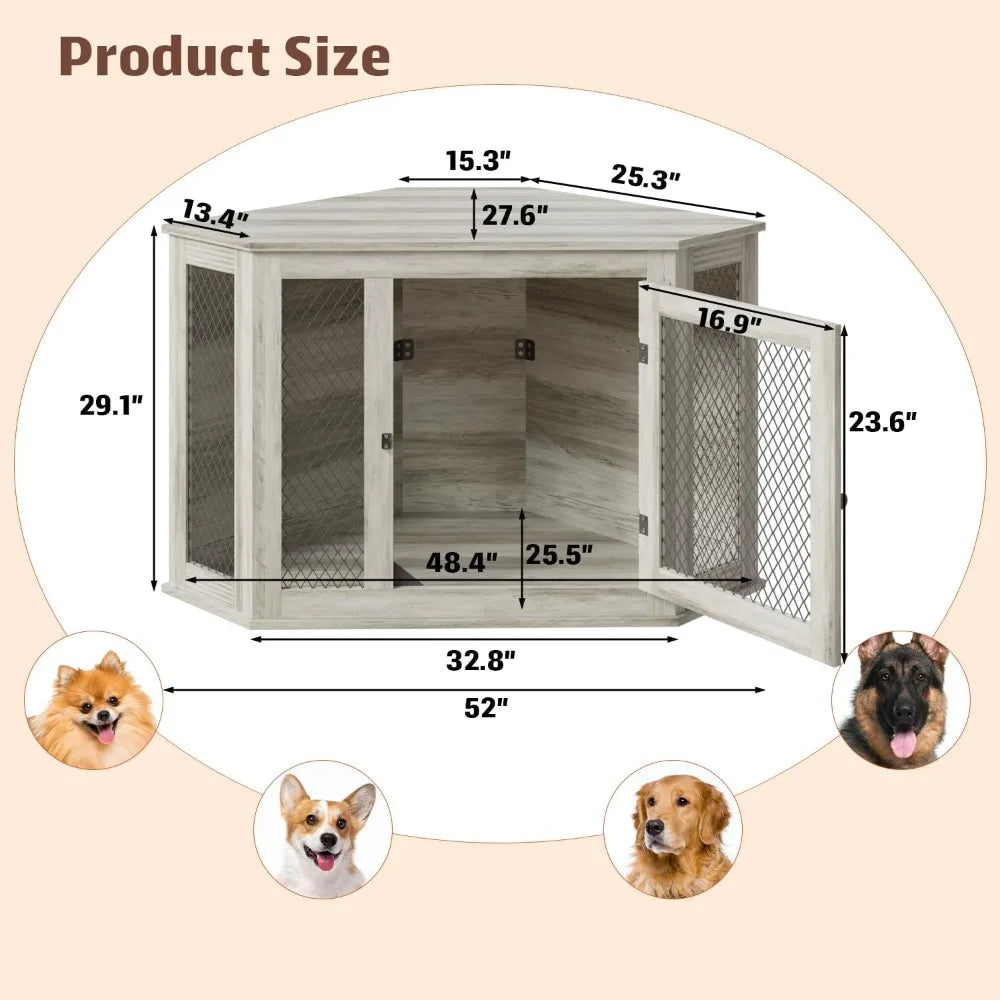 MKDK Corner Dog Crate Furniture Wooden Kennel With Mesh