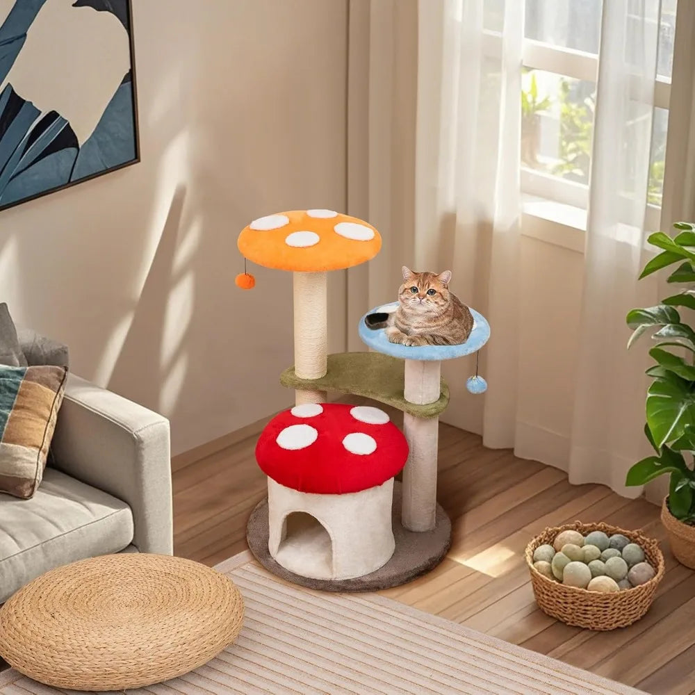 Mushroom Shaped Cat Tree With Sisal Posts Three-Tier Cushioned Perches