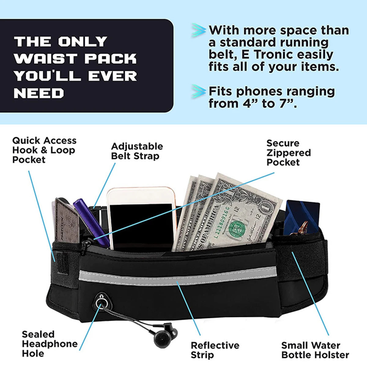 NONECN Hands Free Reflective Retractable Dog Leash Waist Bag