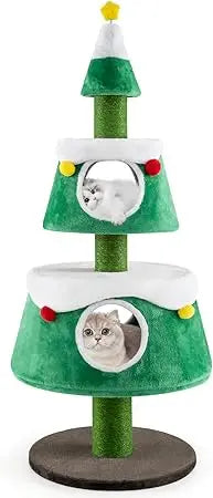 Christmas Themed Cat Tree With Two Condos And Scratching Posts