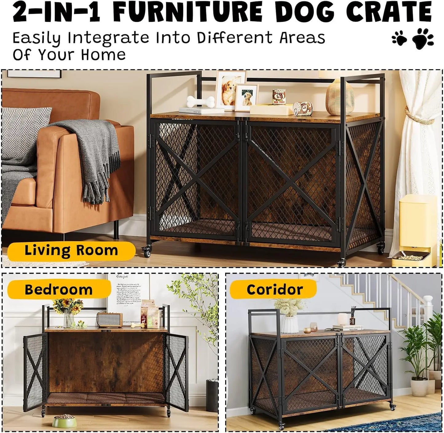 HiMISS Heavy Duty Dog Crate End Table With Lockable Wheels