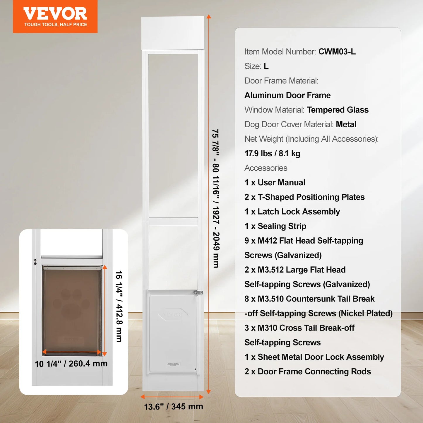 SucceBuy Sliding Glass Dog Door With Adjustable Height Aluminum Frame