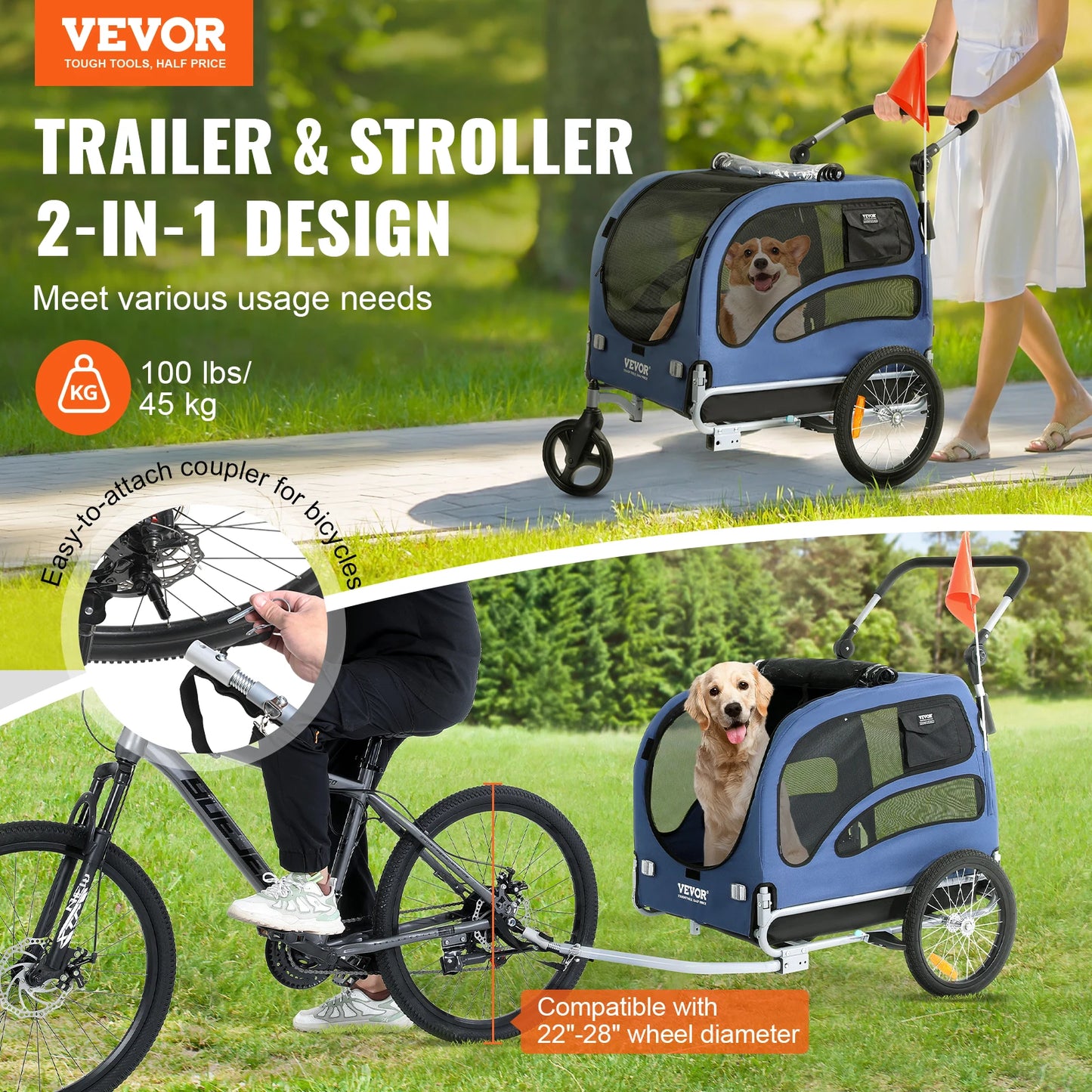 SucceBuy Universal Dog Bike Trailer Two-in-One Pet Stroller