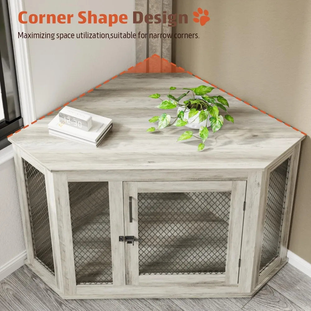 MKDK Corner Dog Crate Furniture Wooden Kennel With Mesh