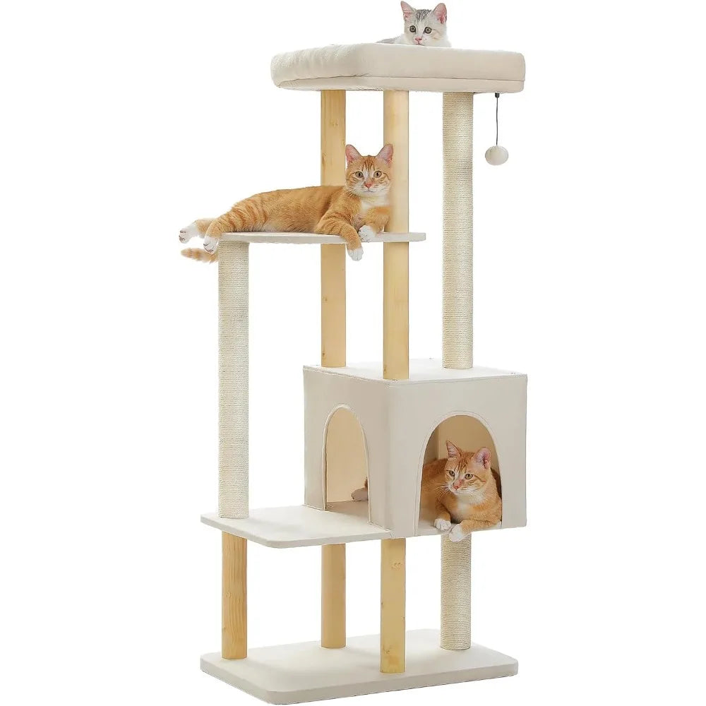 Wooden Cat Tree For Large Indoor Cats With Scratching Posts