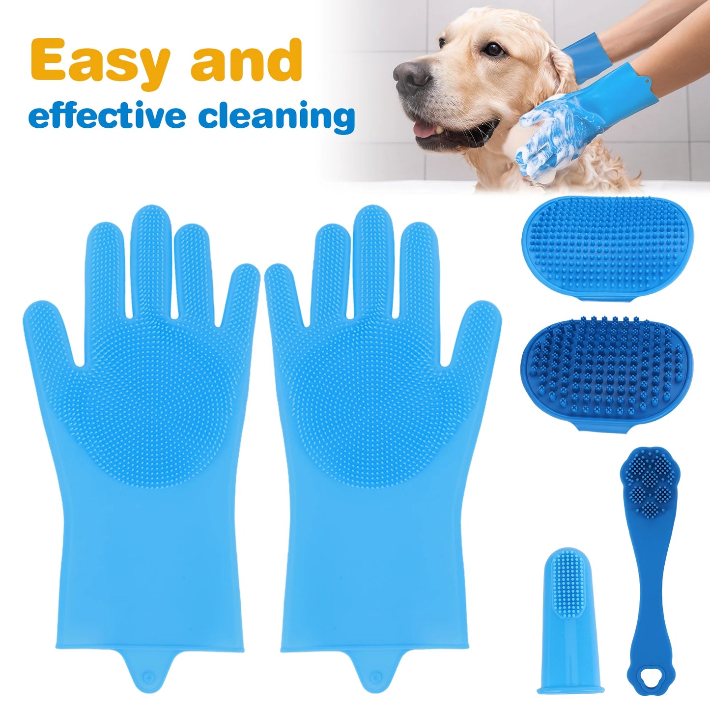Six Piece Silicone Pet Grooming Gloves And Bath Brush Set For Dogs And Cats