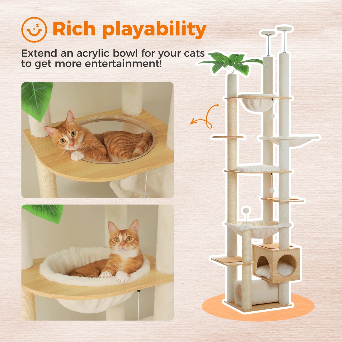 PAWZ Road Height Adjustable Wooden Cat Tree With Hammock And Scratching Posts