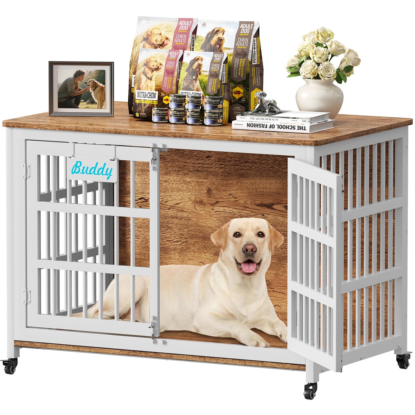 Furniture Style Dog Crate With Casters Indoor Kennel For Home