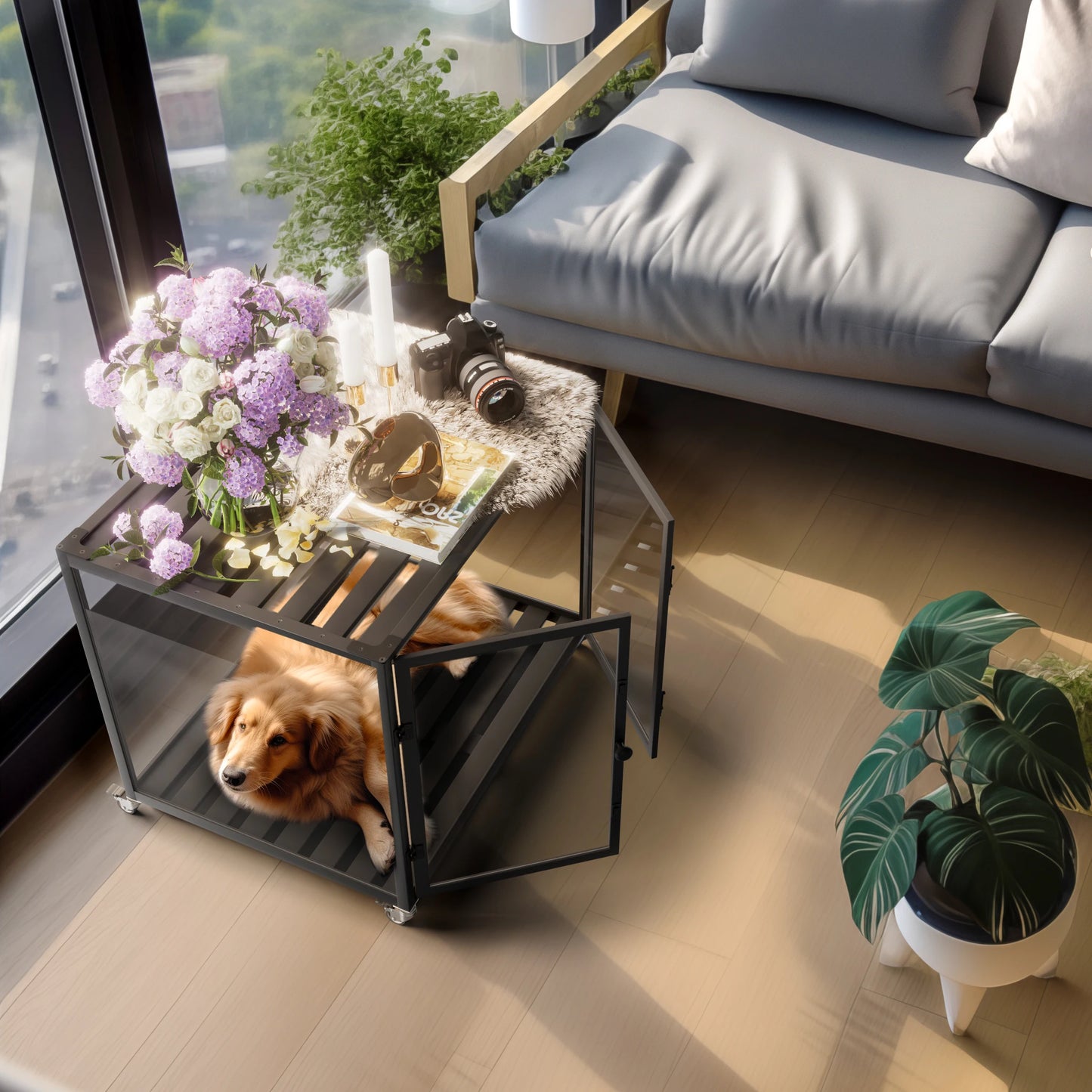 Bingopaw Tempered Glass Dog Crate Aluminum Frame Rolling Cage