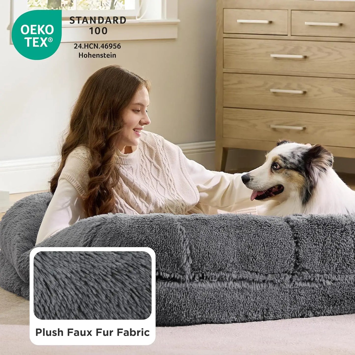 Foldable Human Dog Bed 2-in-1 Orthopedic Foam Waterproof Faux Fur