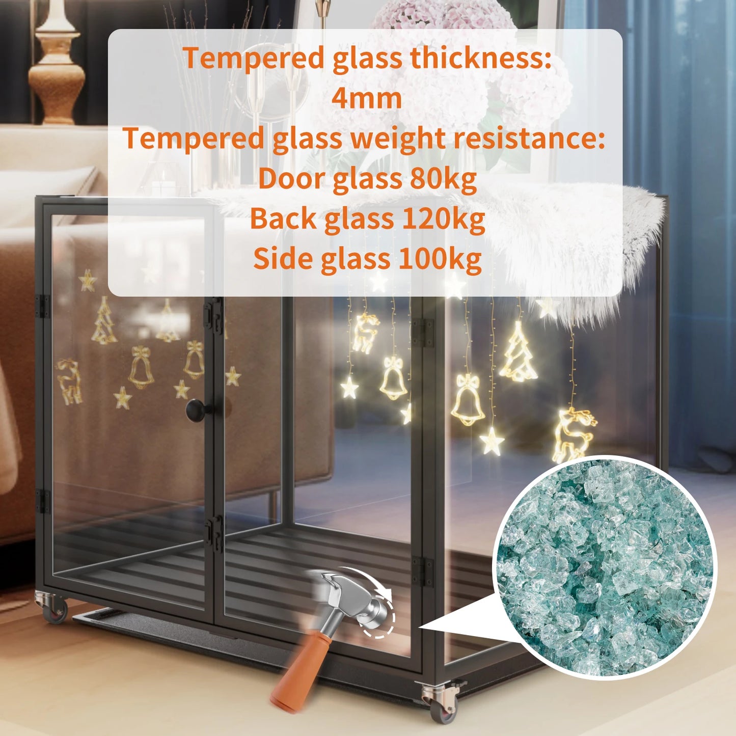 Bingopaw Tempered Glass Dog Crate Aluminum Frame Rolling Cage