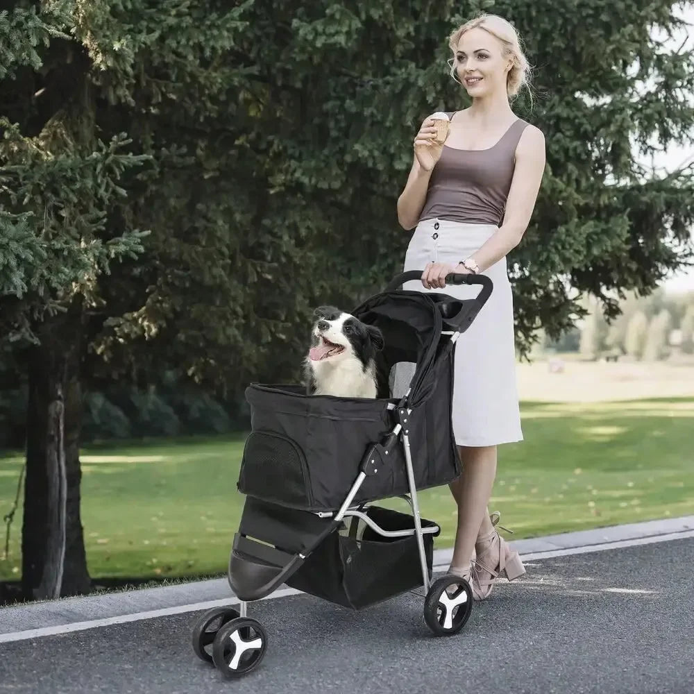 Foldable Three Wheel Dog Stroller With Cup Holder For Pets