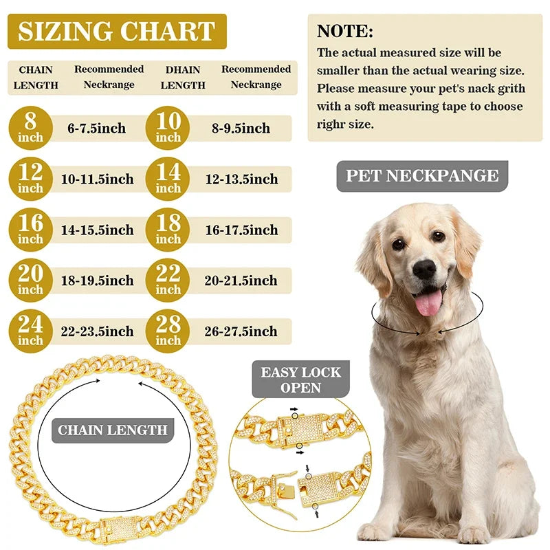 NONECN Diamond Cuban Dog Collar with Stainless Steel Chain Buckle
