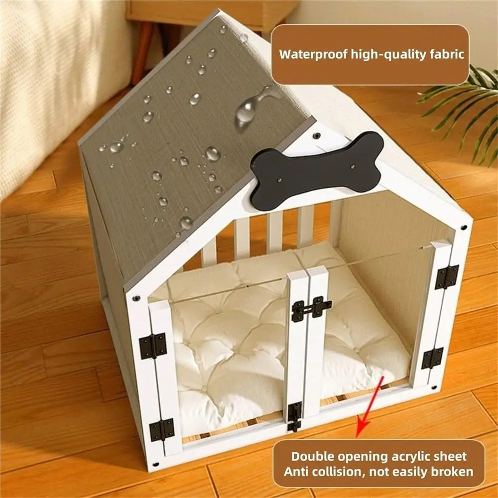 Indoor Pine Wood Dog House With Cushion And Double Doors